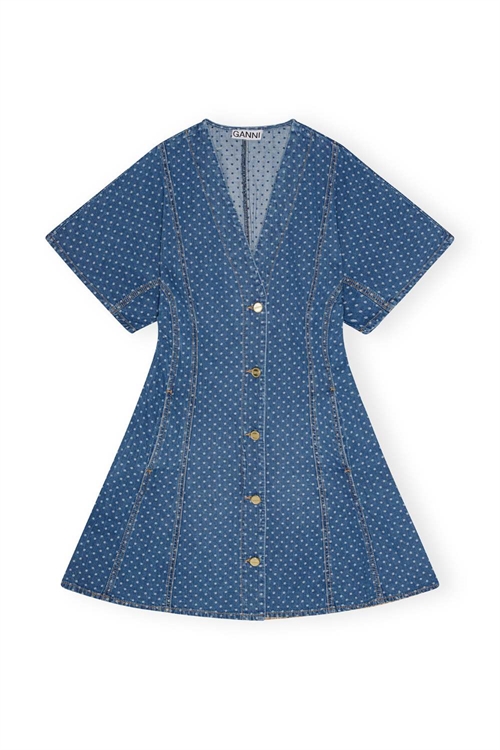 GANNI J1519 POLKA DOT MINI DENIM KLÄNNING MELLAN BLÅ STEN